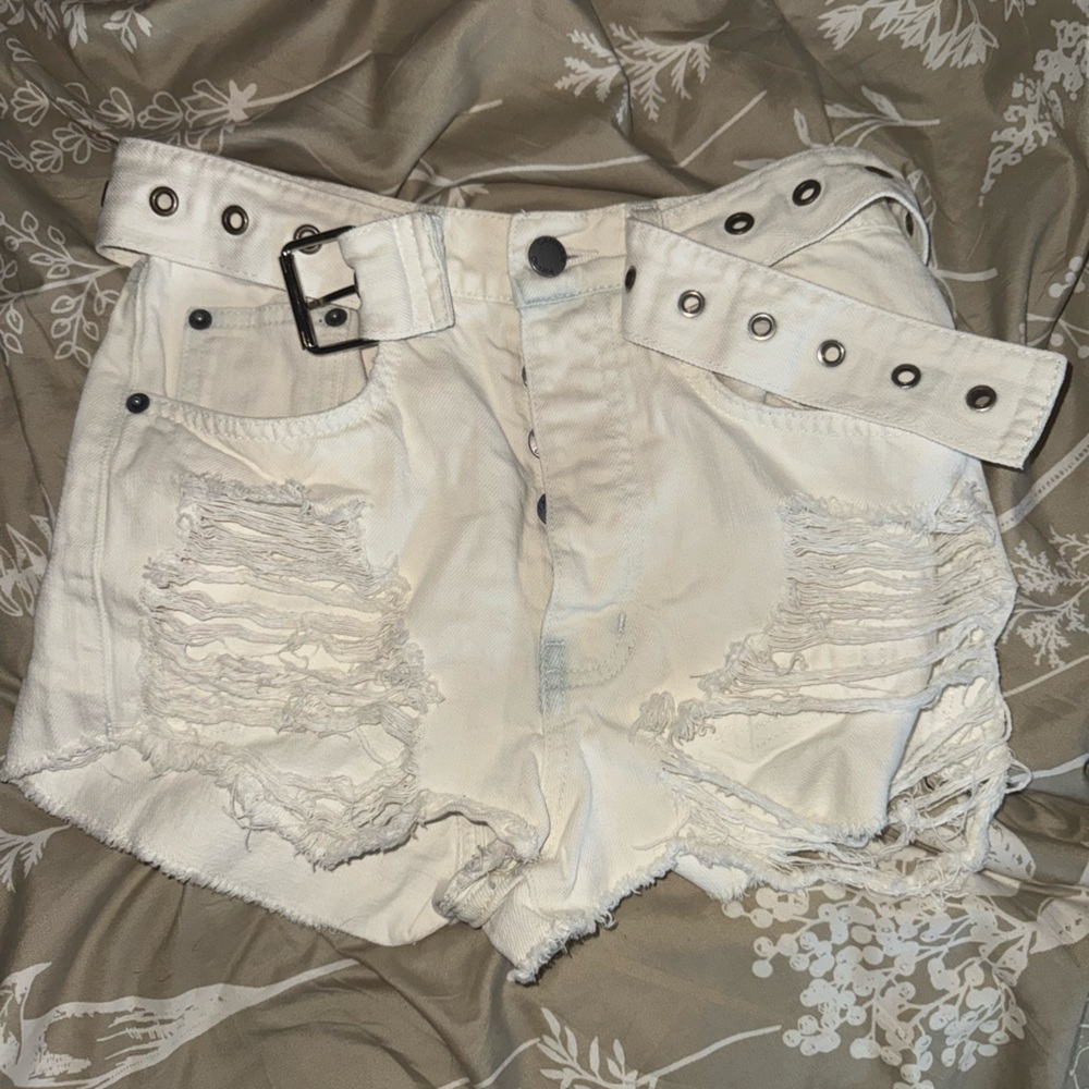 Distressed White Denim Shorts